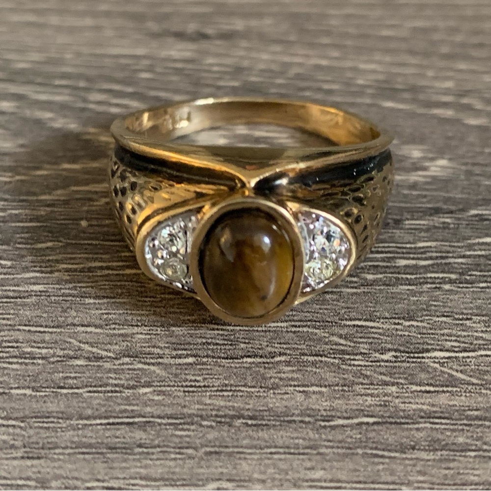 Vintage Seta Ring Men’s Gold Electroplate Tiger’s Eye Cubic Zirconia